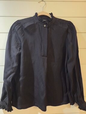 A.P.C. Navy Ruffle-Neck Long Sleeve Shirt EU 38, US 6